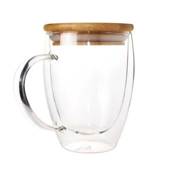 Double Wall Clear Glass Mug with Bamboo Lid — corporate gift Dubai